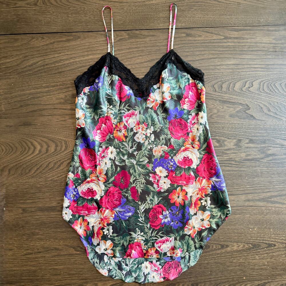 Vintage Amelia's Floral Chemise Black Lace Lingerie Cami Spaghetti Strap Small